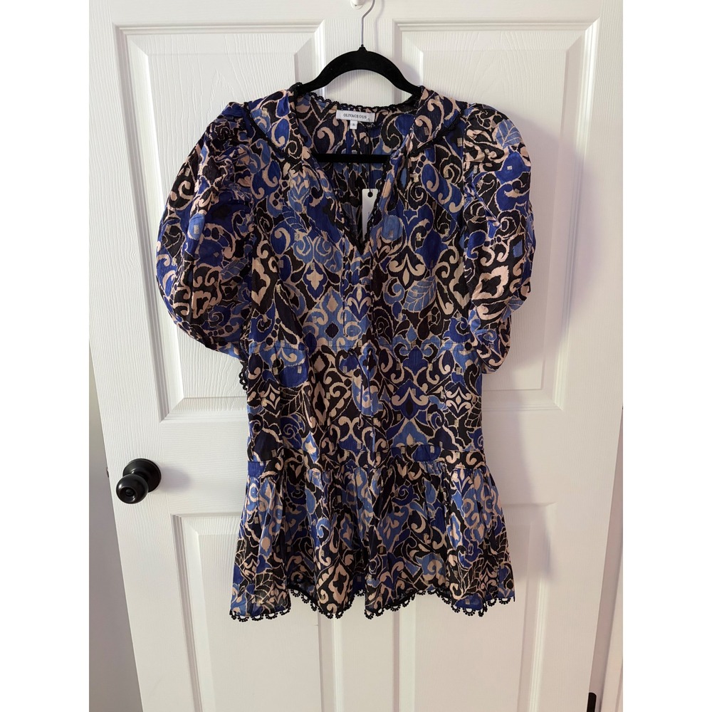 Olivaceous Midnight In Milan Dress Black Blue Small Puff Sleeve Damask Mini